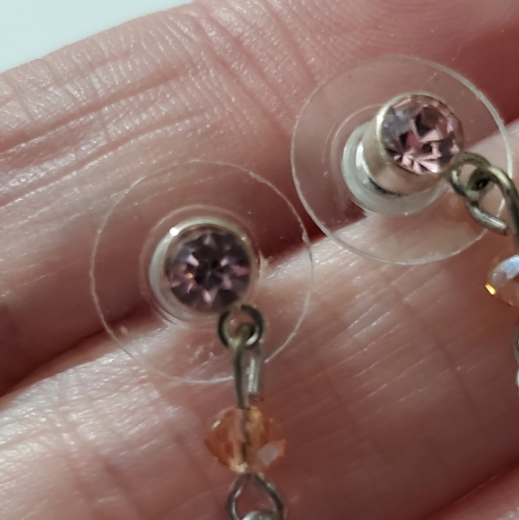 Vintage glass crystal pink drop earrings CZ stones silver elegant - Picture 4 of 8
